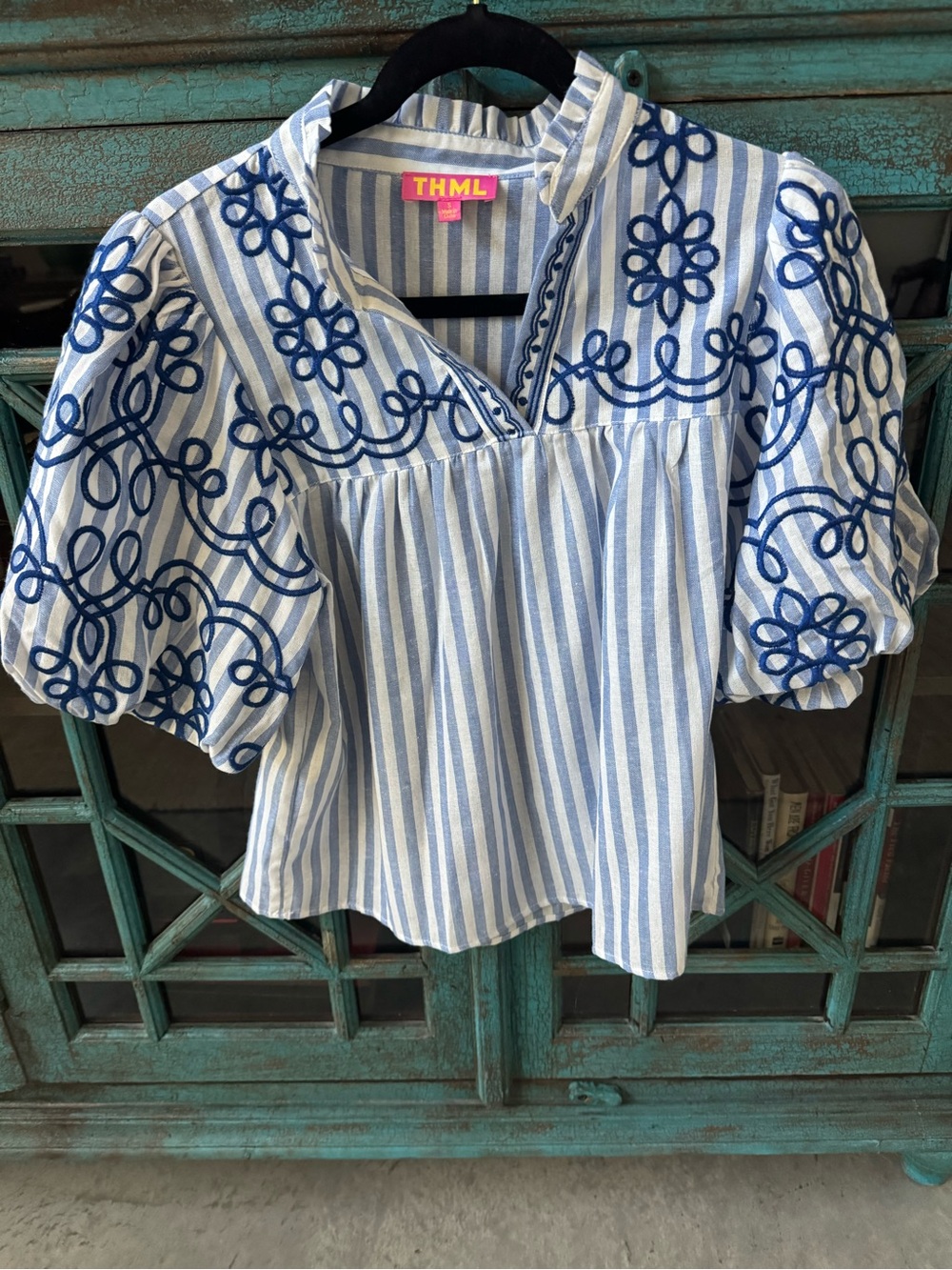 THML Light Blue & White Striped Puff Sleeve Embroidered Top